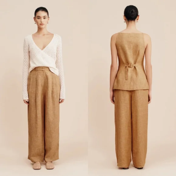 Posse Nancy Trouser in Walnut Linen Pleated Straight Wide Leg Tan Small - Picture 2 of 13